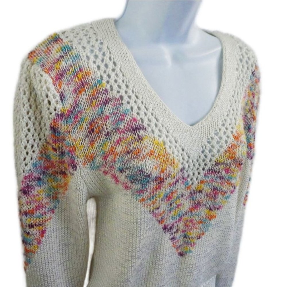 Vintage 80s Max Bradley Ivory Knit Sweater V Neck Puff Sleeves Marled Rainbow L